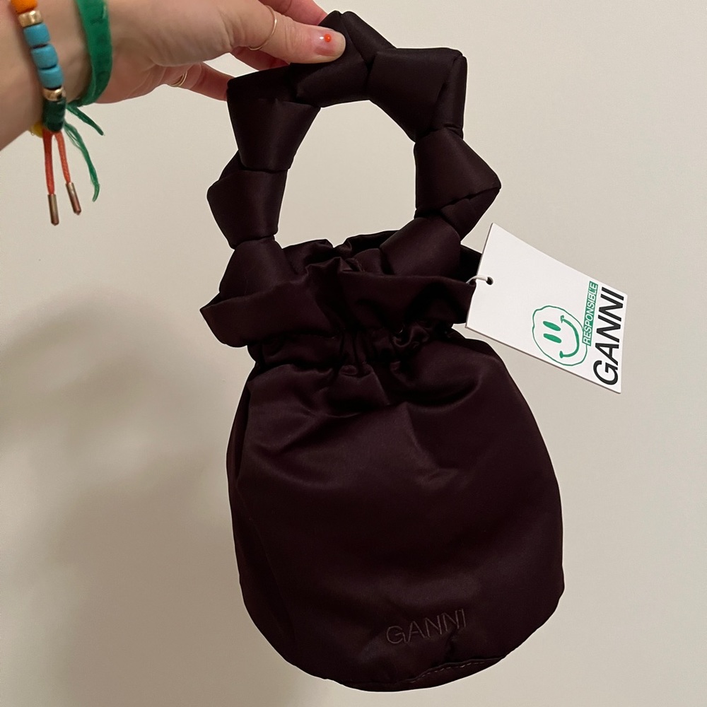 Ganni Brown Satin Knotted Pouch Bag